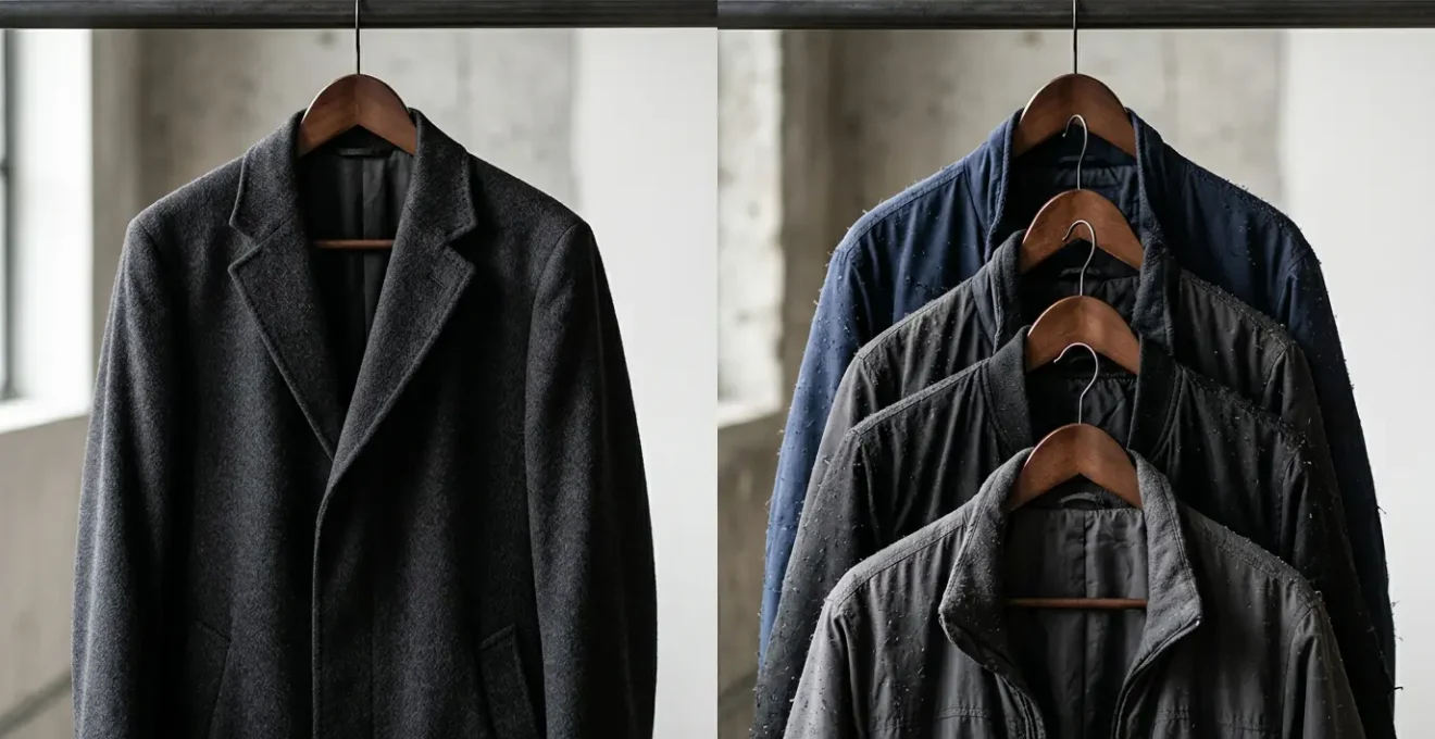 Comparación visual entre un abrigo de lana pura de alta calidad y chaquetas de poliéster sintético mostrando la diferencia en durabilidad y valor a largo plazo