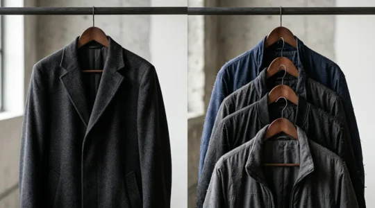 Comparación visual entre un abrigo de lana pura de alta calidad y chaquetas de poliéster sintético mostrando la diferencia en durabilidad y valor a largo plazo