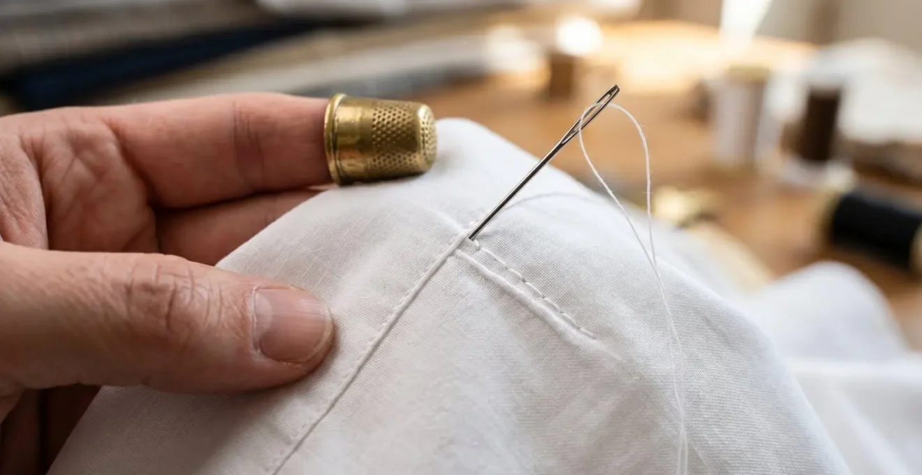 Detalle macro de pinzas traseras en camisa blanca siendo cosidas con precisión milimétrica
