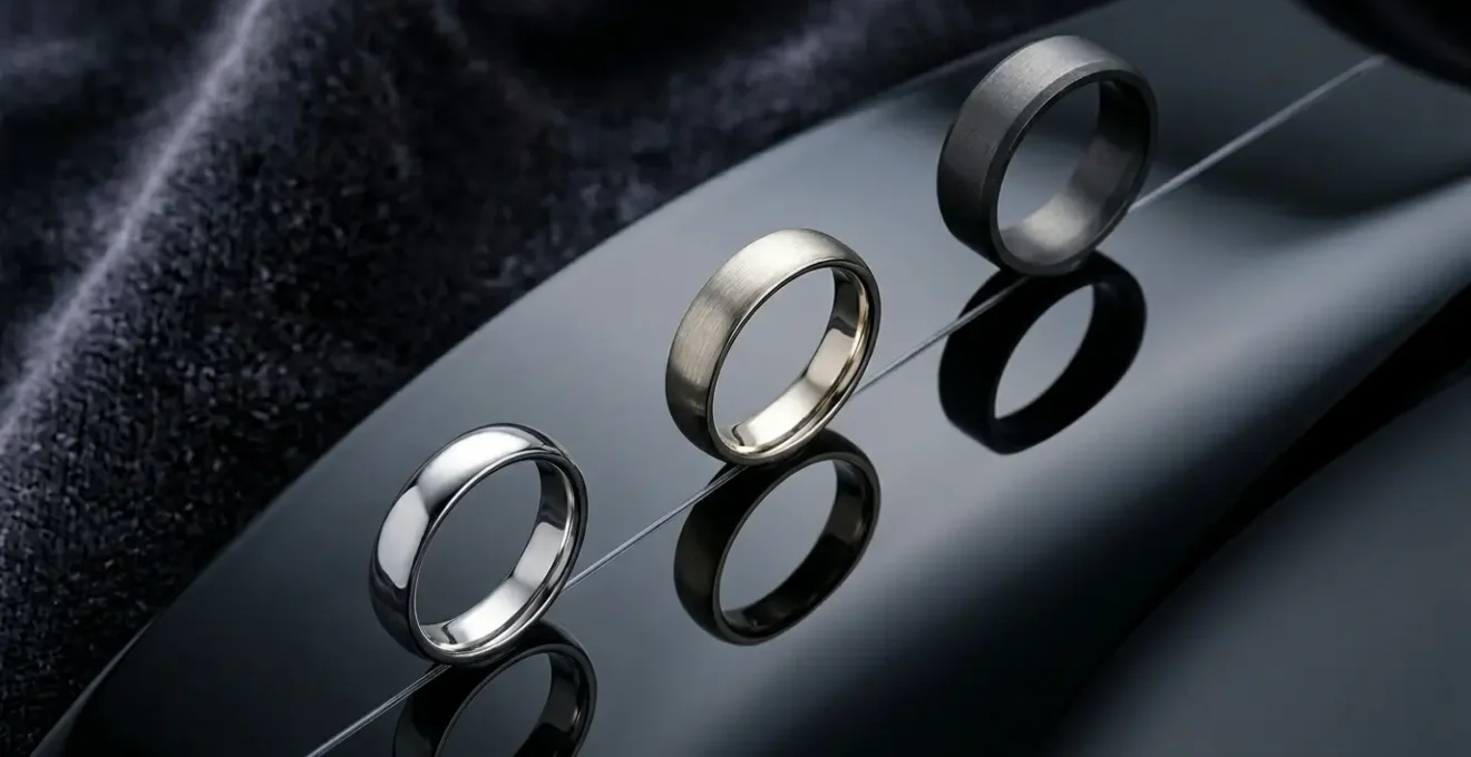 Comparación elegante de alianzas de boda en diferentes metales preciosos