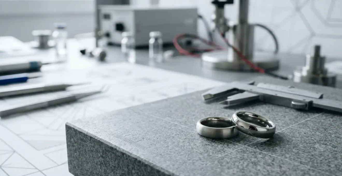 Anillos de titanio aerospacial sobre mesa de laboratorio con herramientas profesionales