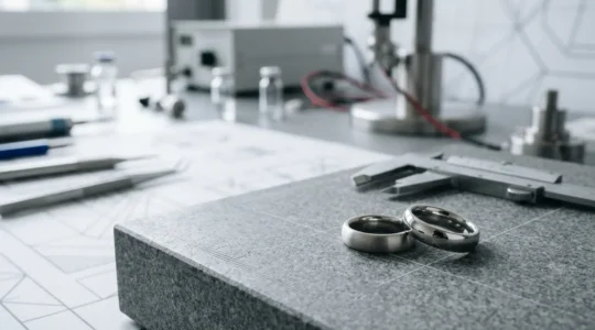 Anillos de titanio aerospacial sobre mesa de laboratorio con herramientas profesionales