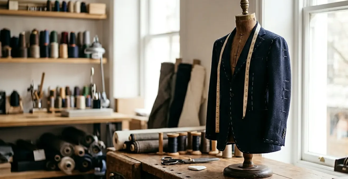 Americana de color azul marino siendo ajustada en maniquí de sastre con alfileres, herramientas de sastrería y cinta métrica visible