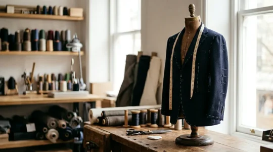 Americana de color azul marino siendo ajustada en maniquí de sastre con alfileres, herramientas de sastrería y cinta métrica visible