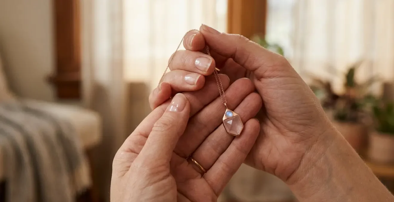 Manos femeninas sosteniendo delicadamente un amuleto geométrico con piedras naturales