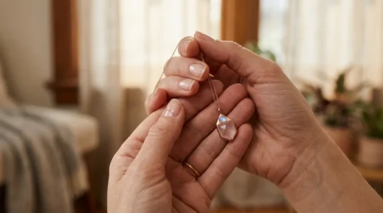 Manos femeninas sosteniendo delicadamente un amuleto geométrico con piedras naturales