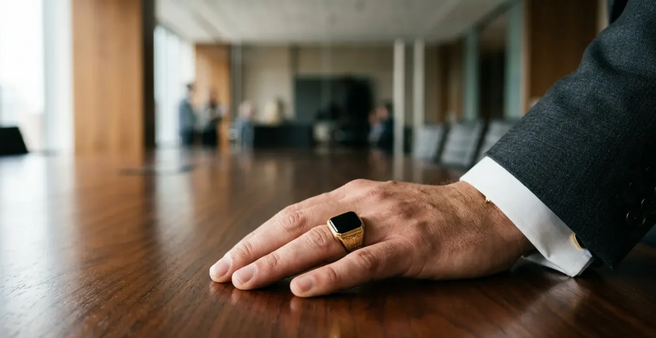 Ejecutivo mostrando anillo de sello con gesto de autoridad en ambiente corporativo