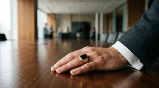 Ejecutivo mostrando anillo de sello con gesto de autoridad en ambiente corporativo