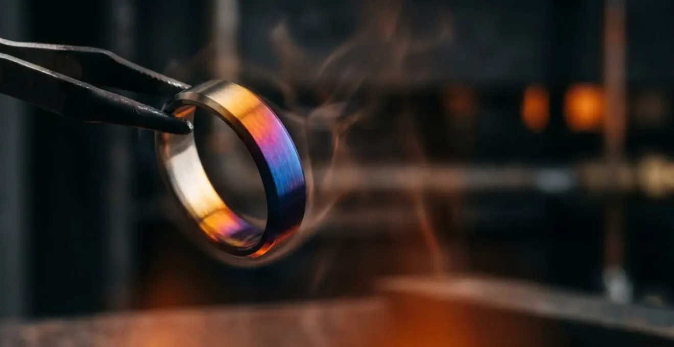 Proceso de anodización térmica del titanio mostrando gradiente de colores según temperatura