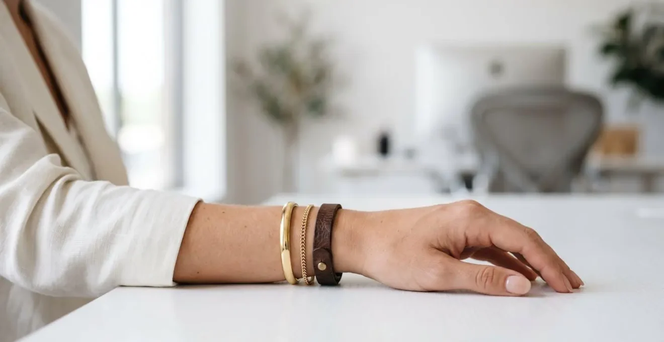 Brazo femenino con tres pulseras apiladas elegantemente sobre escritorio de oficina moderno