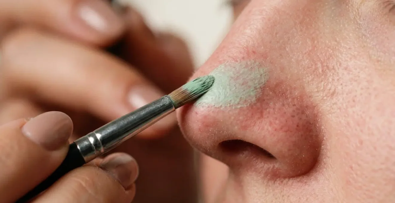 Primer plano de aplicación de corrector verde menta en las aletas de la nariz con pincel fino