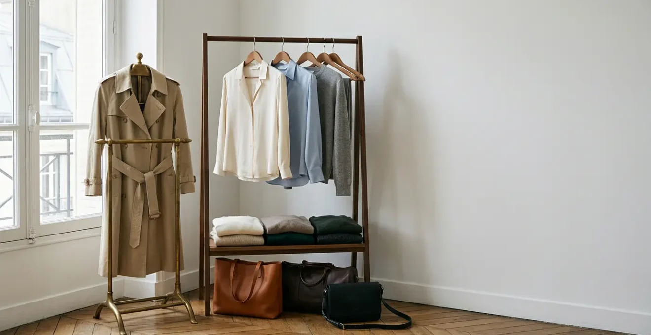 Colección minimalista de prendas clásicas europeas sobre fondo neutro