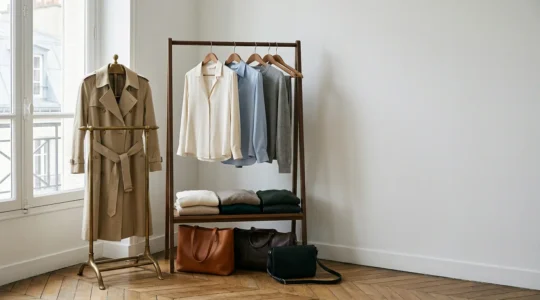 Colección minimalista de prendas clásicas europeas sobre fondo neutro