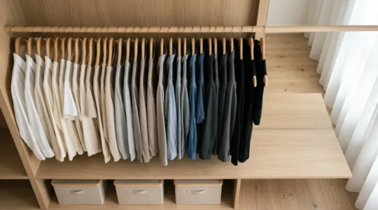 Vista cenital de un armario cápsula minimalista organizado con 30 prendas cuidadosamente dispuestas en tonos neutros