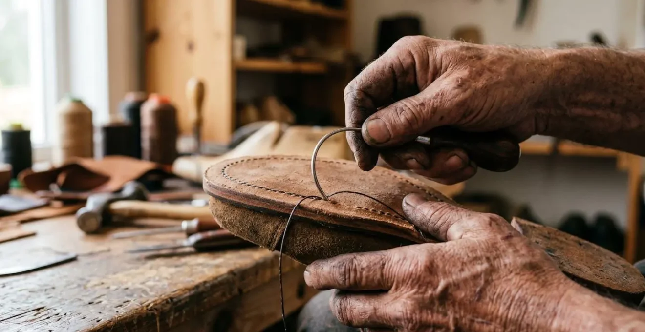 Manos de artesano cosiendo suela de zapato con técnica tradicional