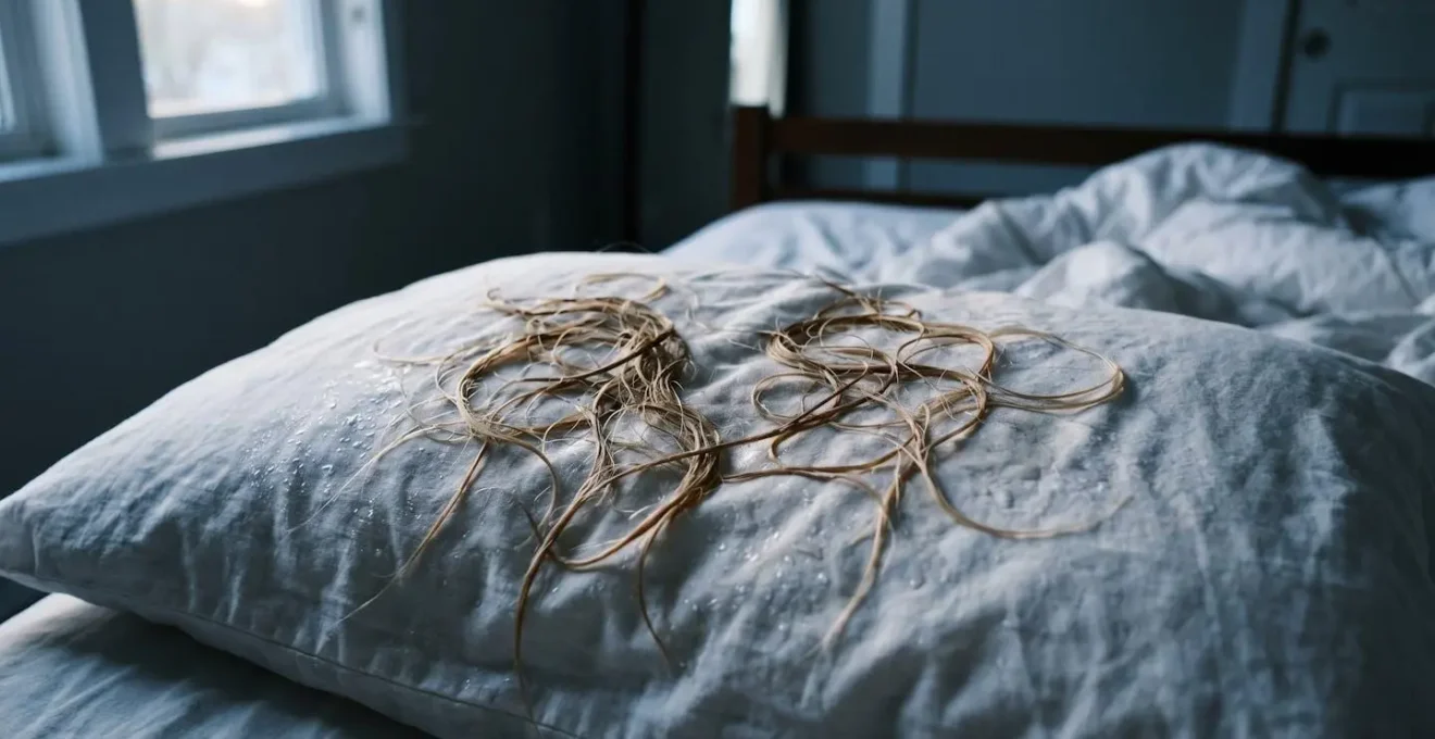 Hebras de cabello rubio húmedo mostrando fricción y enredos sobre tela de almohada