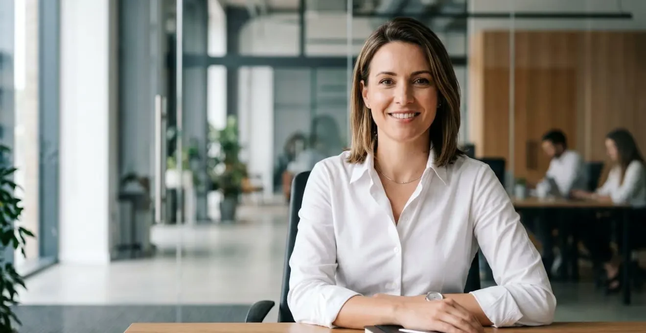 Profesional en oficina moderna con cadena de acero discretamente visible bajo camisa entreabierta