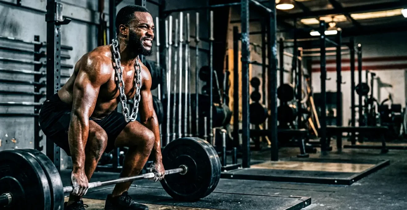 Deportista con cadena de acero quirúrgico en gimnasio moderno durante entrenamiento intenso