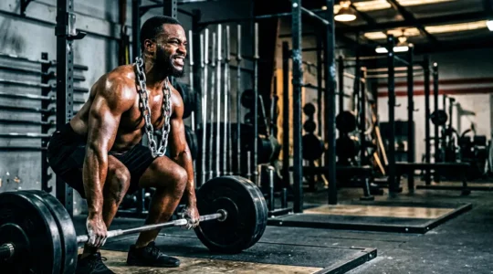 Deportista con cadena de acero quirúrgico en gimnasio moderno durante entrenamiento intenso