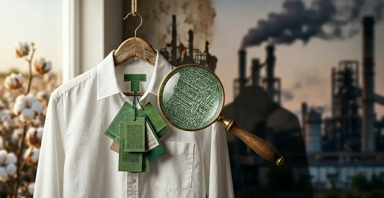 Camiseta de algodón con etiquetas verdes siendo examinada bajo lupa