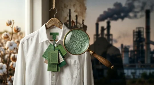 Camiseta de algodón con etiquetas verdes siendo examinada bajo lupa