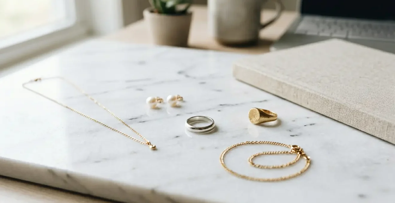 Composición minimalista de cinco joyas esenciales sobre superficie de mármol blanco con luz natural