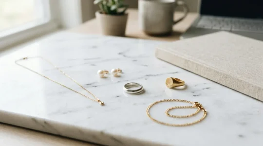 Composición minimalista de cinco joyas esenciales sobre superficie de mármol blanco con luz natural