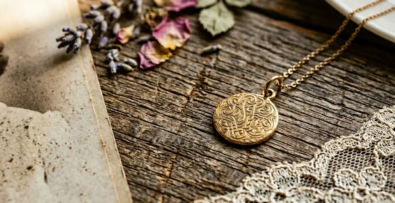 Colgante de oro de 18 quilates con grabado personalizado sobre superficie de madera envejecida