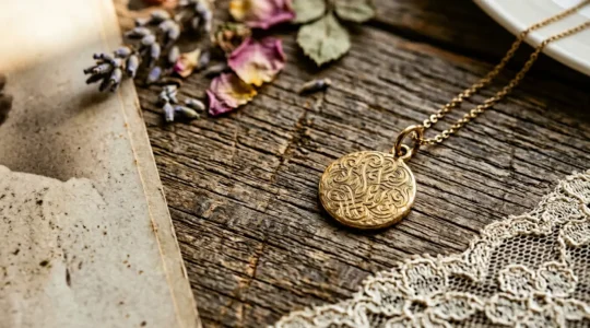 Colgante de oro de 18 quilates con grabado personalizado sobre superficie de madera envejecida