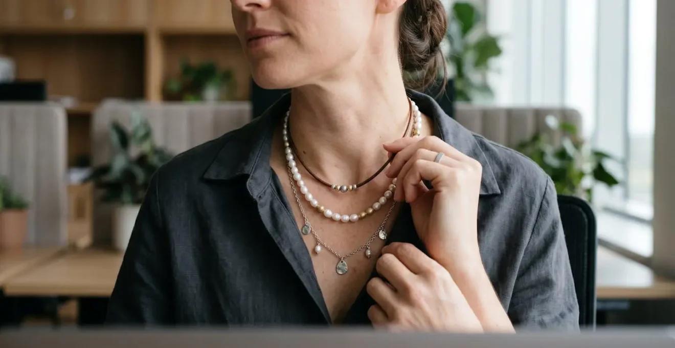 Detalle de collares en capas con mezcla de metales mate y materiales suaves