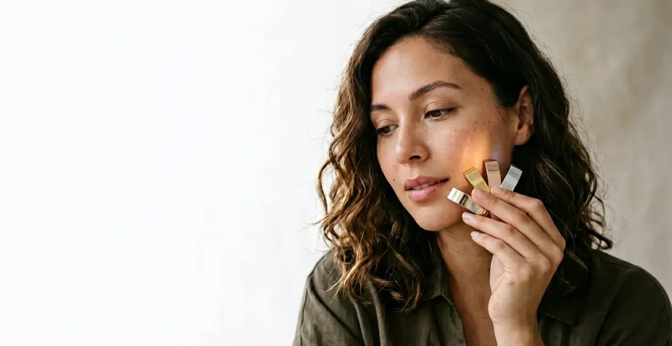 Mujer con diferentes tonos de piel probando metales dorados y plateados frente al rostro