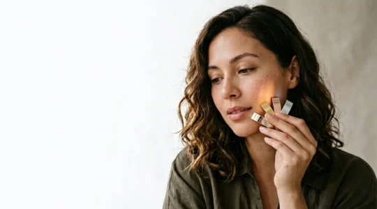 Mujer con diferentes tonos de piel probando metales dorados y plateados frente al rostro