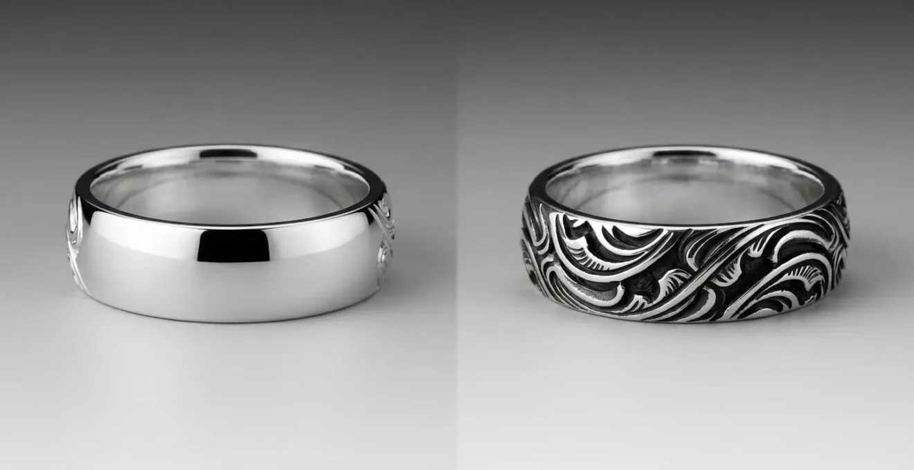 Dos anillos de plata lado a lado mostrando diferencia entre pulido espejo y pátina oscura en relieves