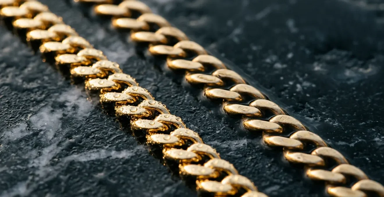 Comparación visual de collar con baño de oro y chapado micrónico resistente al agua