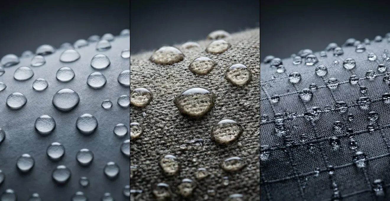 Gotas de agua sobre diferentes tejidos técnicos mostrando repelencia al agua