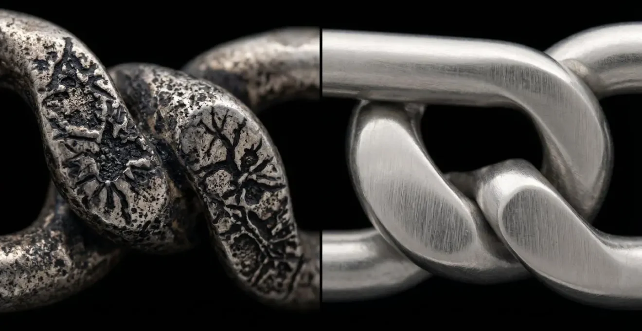 Vista macro de cadenas mostrando diferencia entre oxidación de plata y superficie intacta de acero 316L
