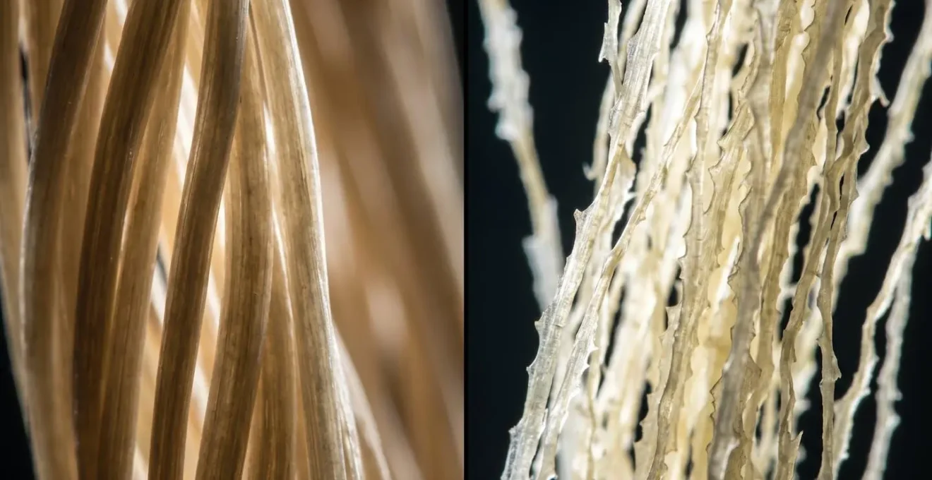 Vista microscópica comparativa de fibras de cáñamo y bambú mostrando sus estructuras