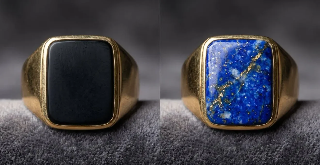 Comparación macro de dos anillos de sello con ónix negro y lapislázuli