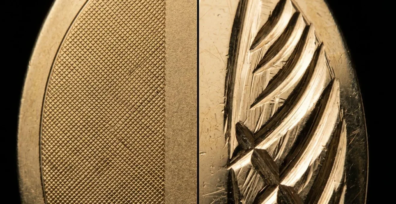 Comparación visual de grabado láser y pantógrafo en superficie de oro