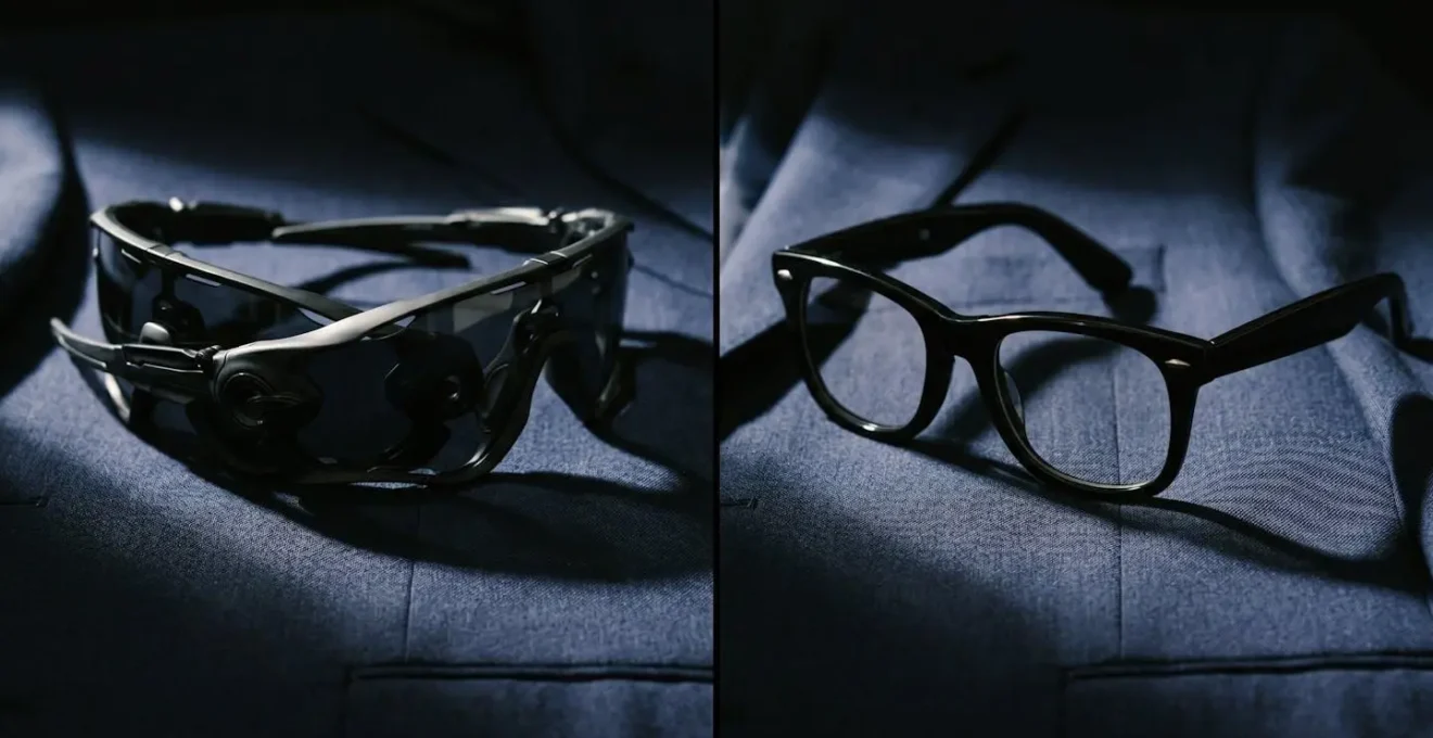 Comparación visual entre gafas deportivas y monturas clásicas con traje