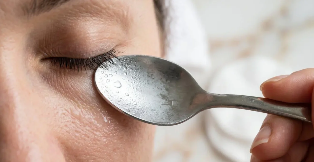 Primer plano de cucharas de acero frías aplicadas en el contorno de ojos para desinflamar