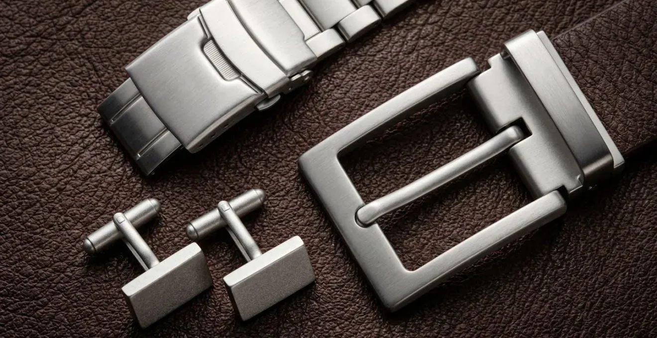 Vista detallada de accesorios metálicos coordinados en plata sobre escritorio ejecutivo