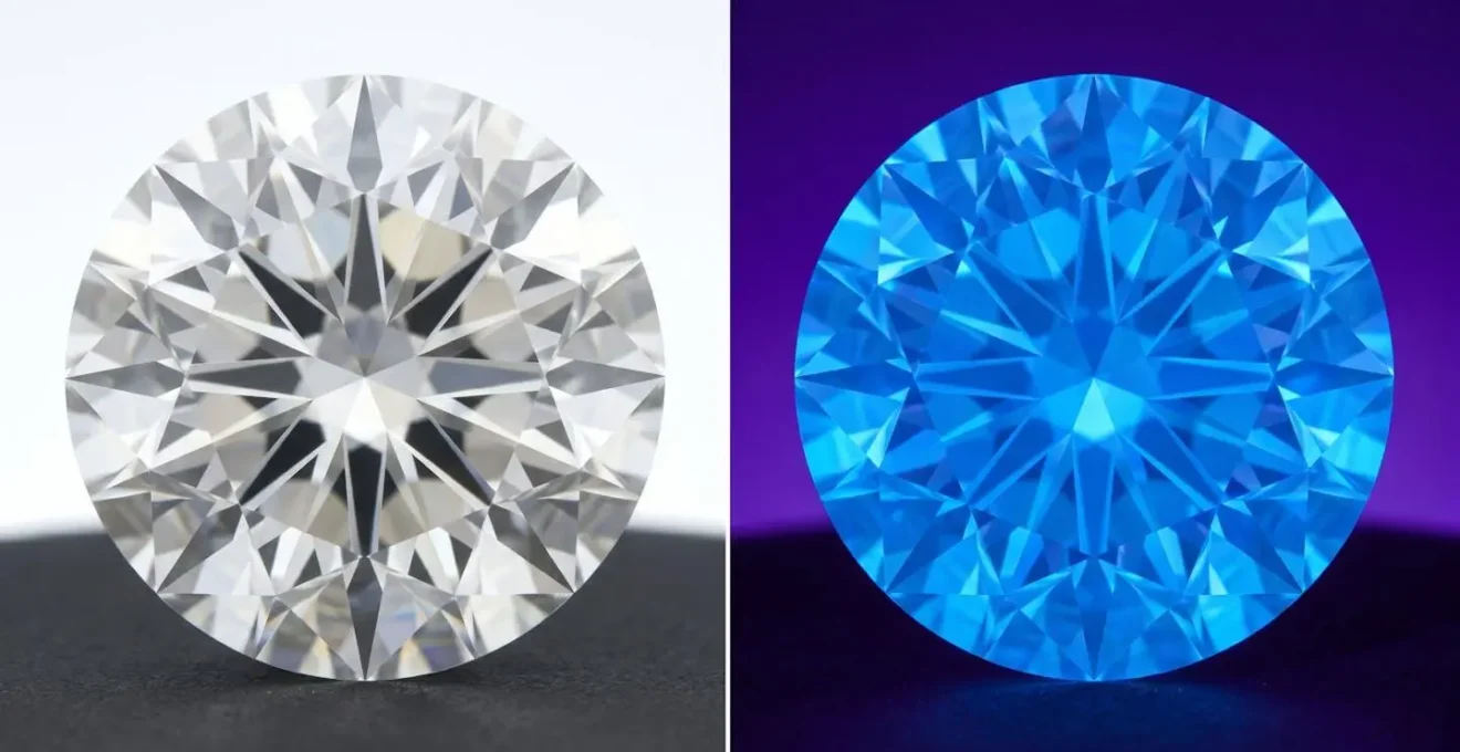 Dos diamantes idénticos bajo luz normal y ultravioleta mostrando el efecto de fluorescencia azul