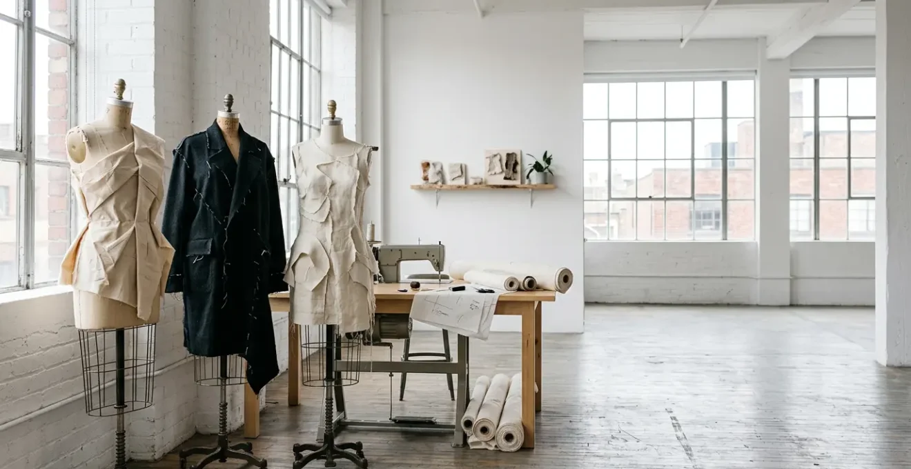 Diseñador de moda vanguardista trabajando en una pieza asimétrica única con textiles artesanales