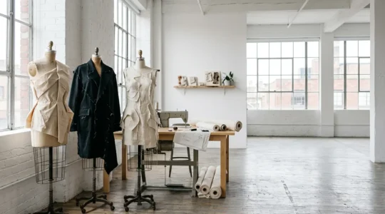 Diseñador de moda vanguardista trabajando en una pieza asimétrica única con textiles artesanales