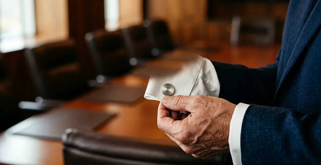 Ejecutivo profesional ajustándose discretos gemelos de plata en el puño francés de su camisa en un entorno de oficina