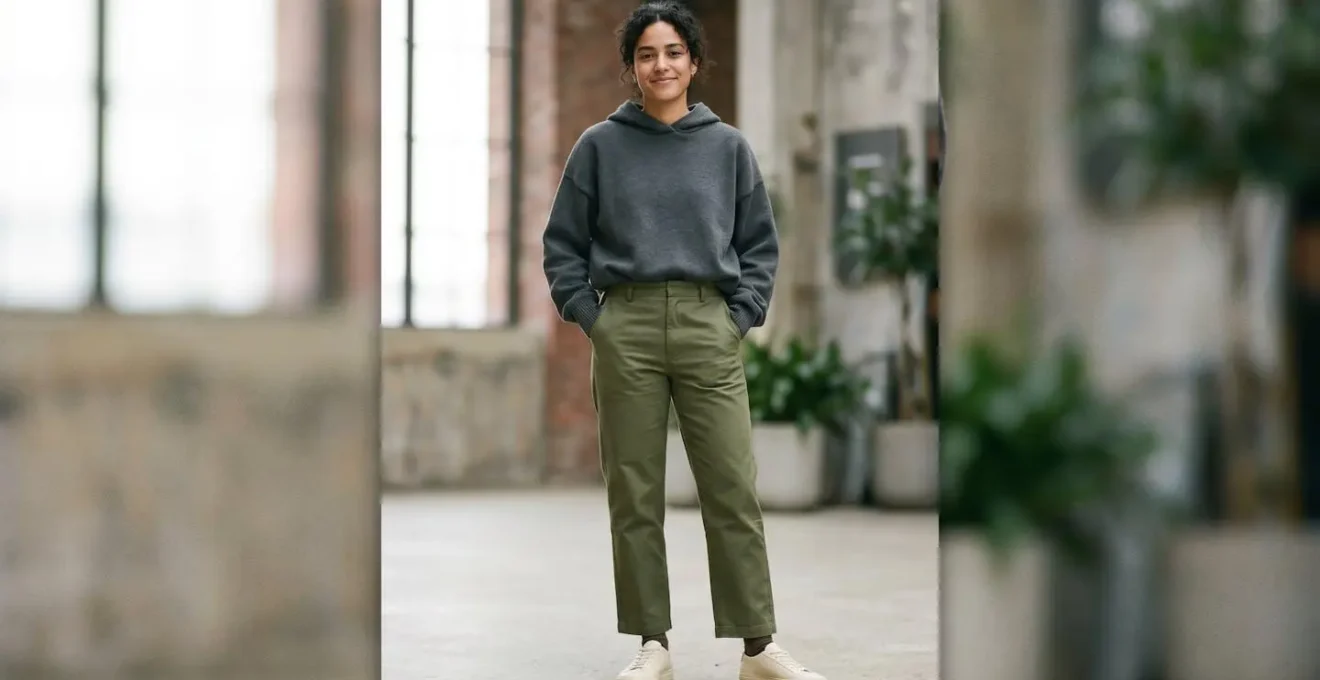 Persona bajita con sudadera oversize equilibrada con pantalones de corte recto y zapatillas minimalistas