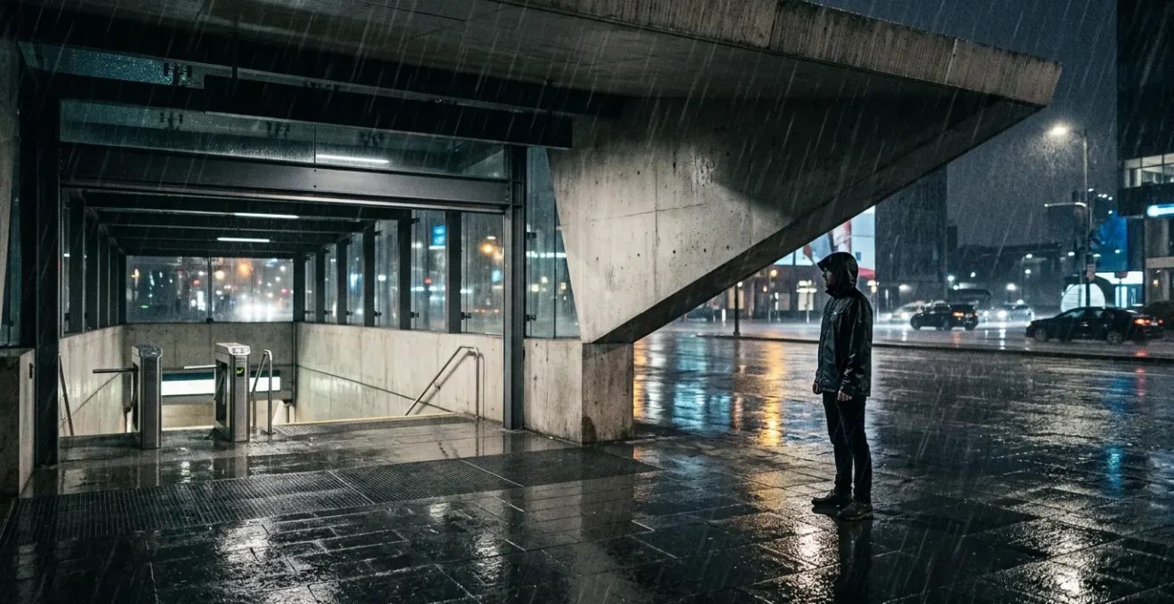 Profesional urbano con abrigo técnico negro esperando el metro en día lluvioso de invierno
