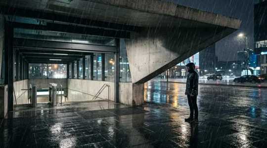Profesional urbano con abrigo técnico negro esperando el metro en día lluvioso de invierno