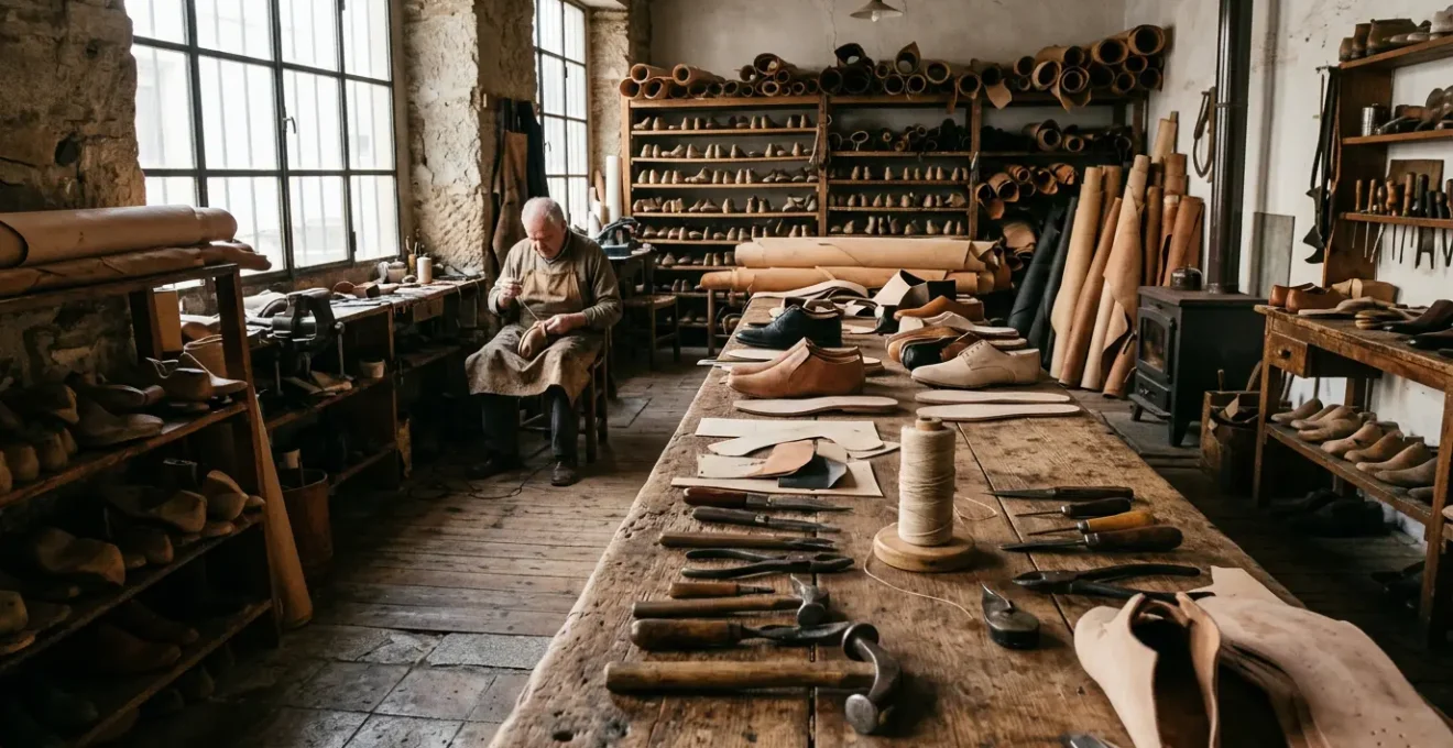Artesanos trabajando en taller tradicional de calzado con herramientas de cuero